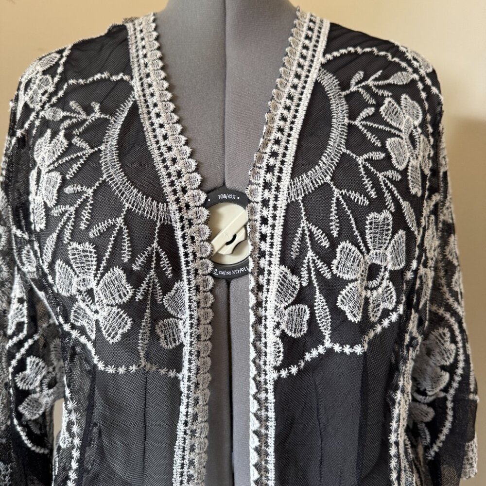 Black Sheer Embroidered Lace Kimono Duster Floral Boho Festival Cardigan - Picture 2 of 7